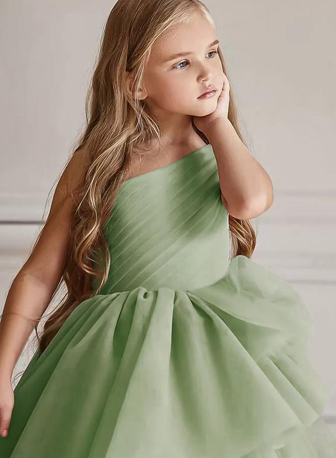 تايك تو فستان طويل بناتي شبكي أخضر بكتف واحد - Image 3